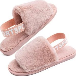 Womens Large 9-10 Fuzzy Slippers Soft Plush Open Toe Furry House Elastic Slides